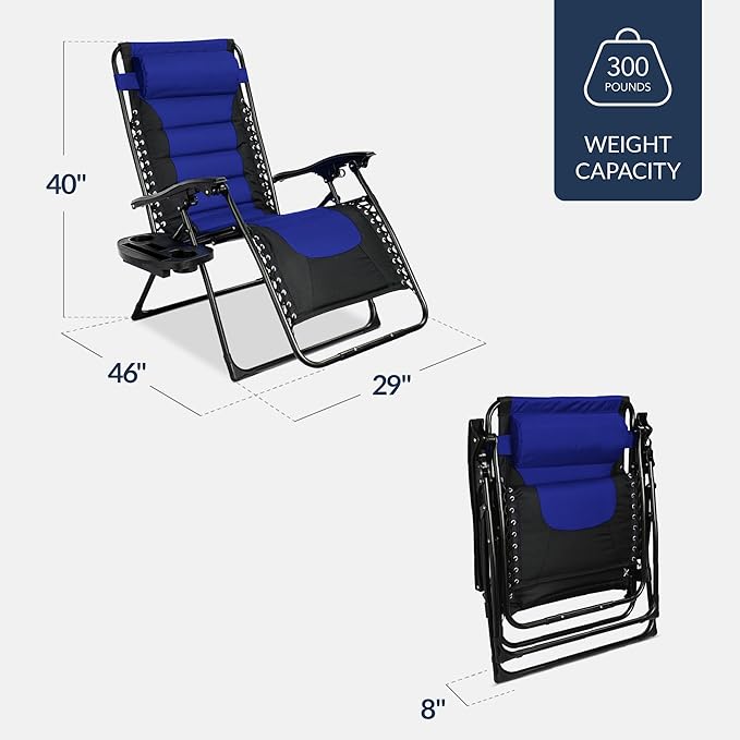 Best Choice Products Oversized Padded Zero Gravity Chair, Folding Outdoor Patio Recliner, XL Anti Gravity Lounger for Backyard w/Headrest, Cup Holder, Side Tray, Polyester Mesh - Blue - Image 3