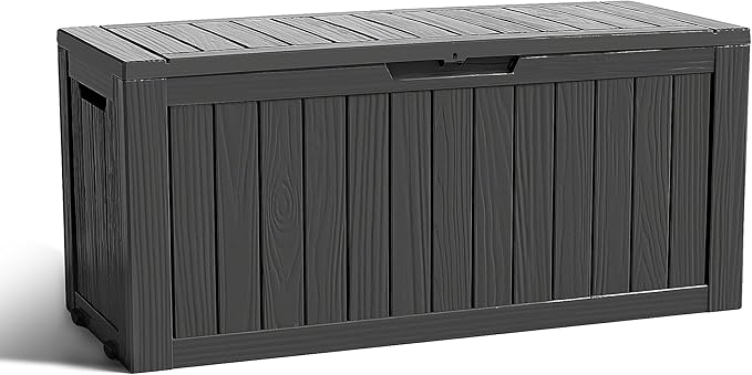 ROJIK Outdoor Storage Housing Deck Box - Waterproof Patio Furniture, Garden Tools, Cushions, Pool Accessories Storage Bench with Lockable Lid and Side Handles (Black 90 Gal) by ROJIK
