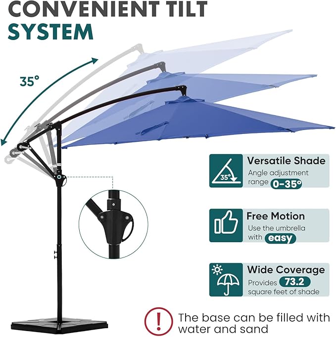 OLIXIS Offset Patio Umbrella, 9.7FT Cantilever Table Umbrellas for Outdoor Sun Shade UV Protection with Easy Tilt Adjustment, 8 Ribs for Backyard, Lawn, Garden, Pool - Blue - Image 3