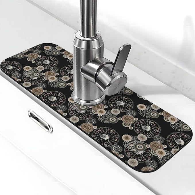 Paisley Mandala Brown And Black Floral Kitchen Sink Splash Guard Faucet Mat by Unknown