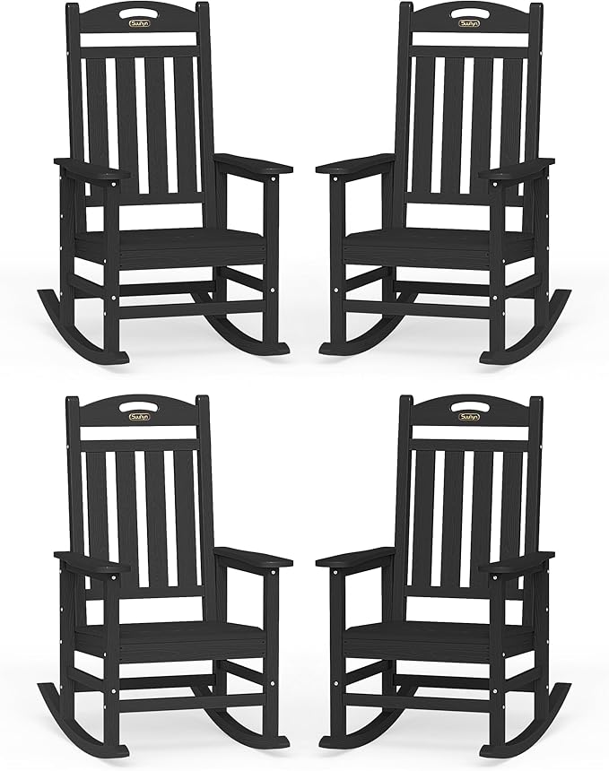 Oversized Outdoor Rocking Chairs Set of 4, High Back Porch Rocker Chair, HDPE All Weather Resistant Rocking Chairs for Patio, 380lbs Weight Capacity, Black by Suunyn