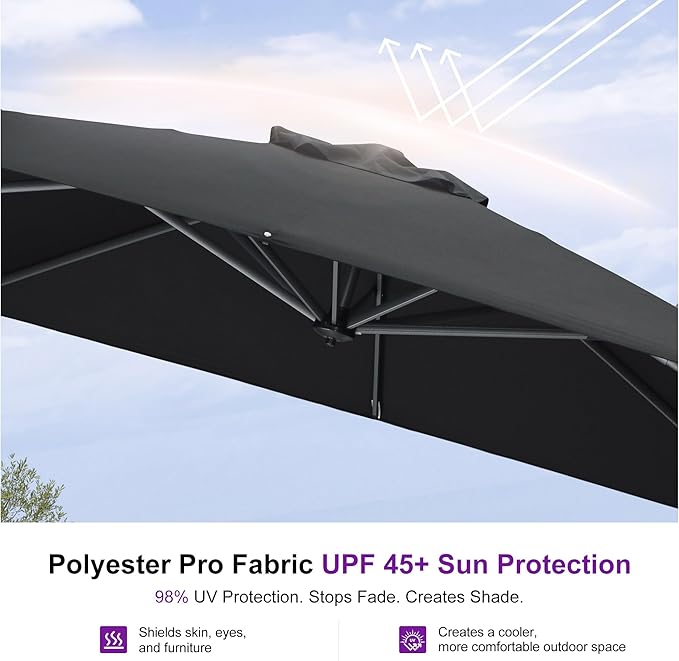 PURPLE LEAF 8 Feet Square Cantilever Umbrella Patio Umbrella with Base Outdoor Umbrella Aluminum Offset with 360-degree Rotation for Garden Deck Pool Patio Black - Image 5