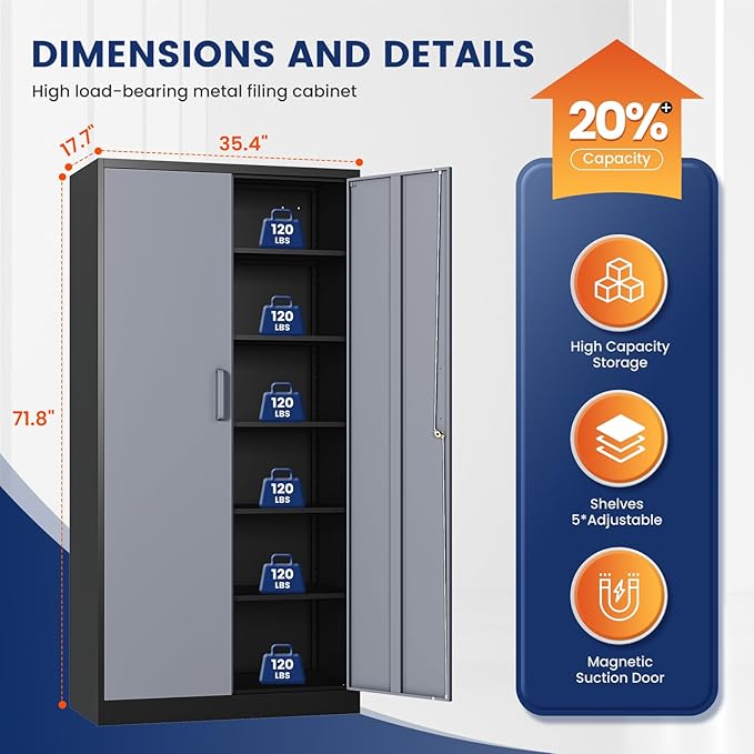 Yizosh Metal Storage Cabinet with Locking Doors and 5 Adjustable Shelves, 72" Garage Storage Cabinet Steel Lockable for Office,Home,Garage - Image 3