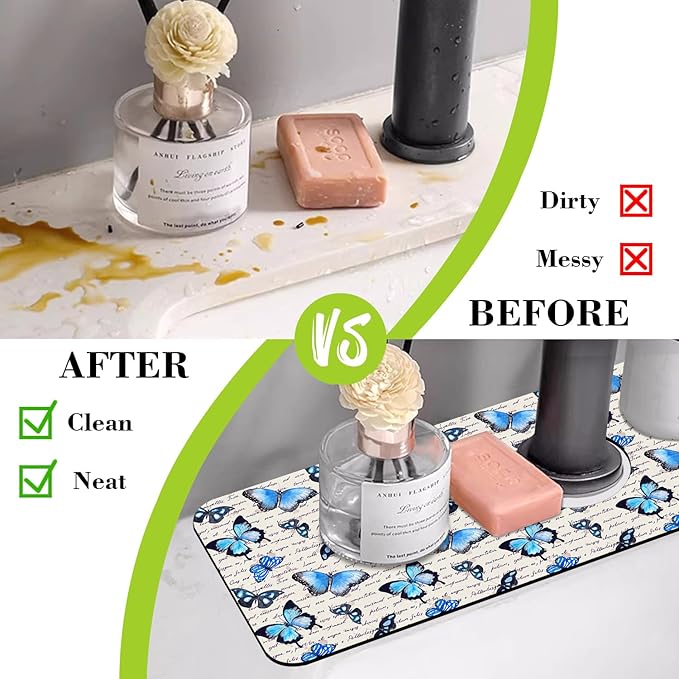 Sink Splash Guard Faucet Mat Watercolor Butterflies Absorbent Fast Drying Mat - Image 6