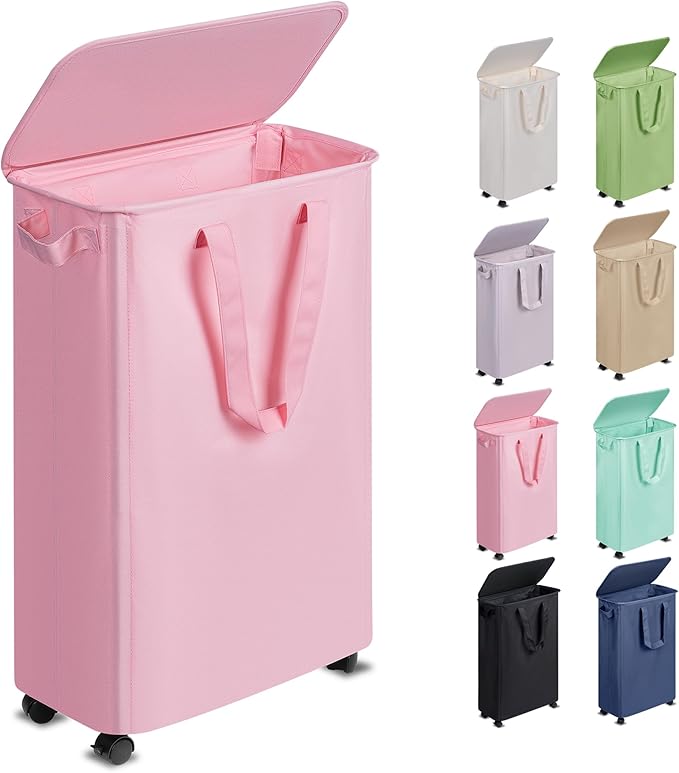 Slim Laundry Hamper with Lid and Wheels, Small Rolling Laundry Basket with by Vincona