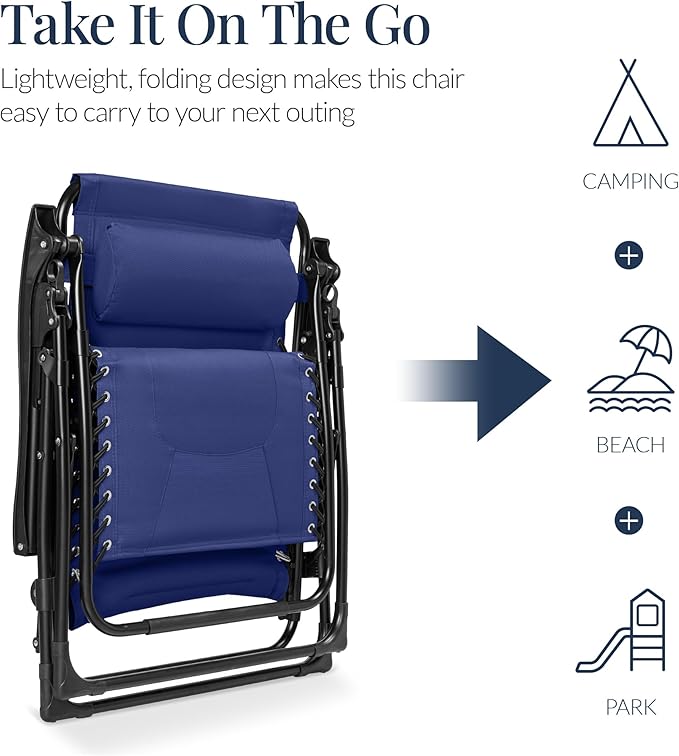Best Choice Products Oversized Padded Zero Gravity Chair, Folding Outdoor Patio Recliner, XL Anti Gravity Lounger for Backyard w/Headrest, Cup Holder, Side Tray, Polyester Mesh - Cobalt Blue - Image 5