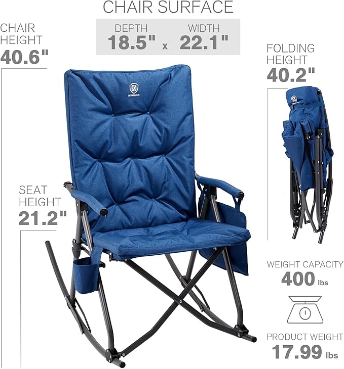 EVER ADVANCED Oversized Folding Rocking Camping Chair, Padded Portable Rocker Chair for Patio, Lawn and Outdoors, Heavy Duty Hard Armchair for Adults Supports 400lbs, Blue - Image 3
