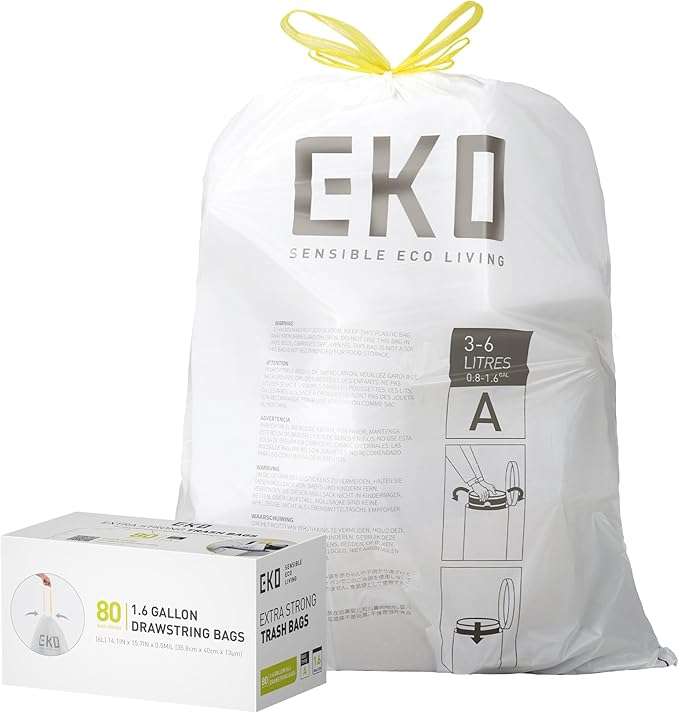 EKO 1.6 Gallon / 3-6 Liter, Extra-Strong Unscented Garbage Bags, Easy-Dispense by EKO