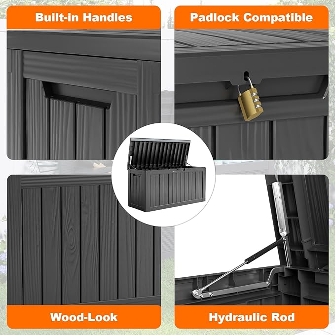 90 Gallon Resin Deck Box, Lockable Patio Outdoor Storage Box for Furniture, Garden Tools and Tools Storage, Waterproof Outside Storage Box - Black - Image 3