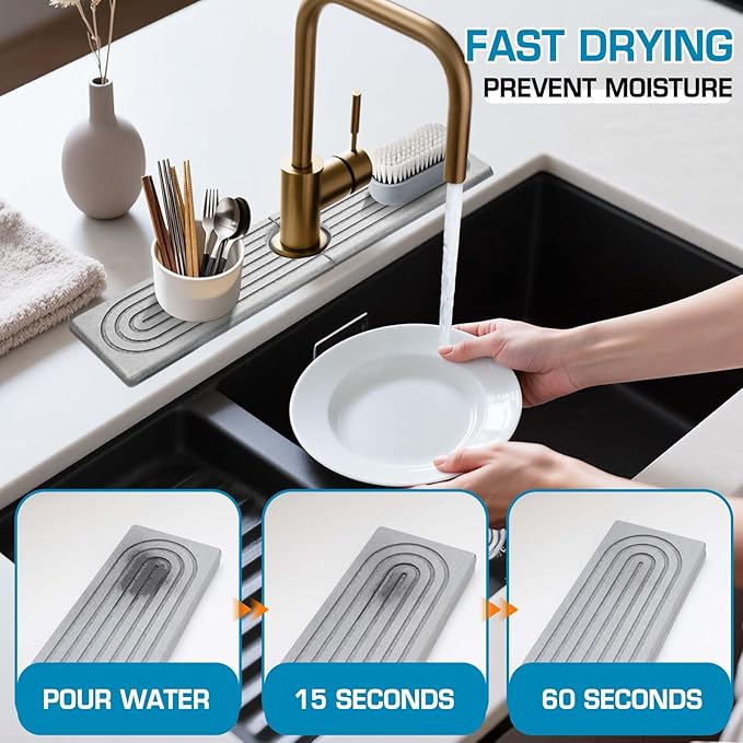 Faucet Mat for Kitchen Sink, Diatomite Quick Drying Tray, Long 23.6'' Kitchen - Image 2