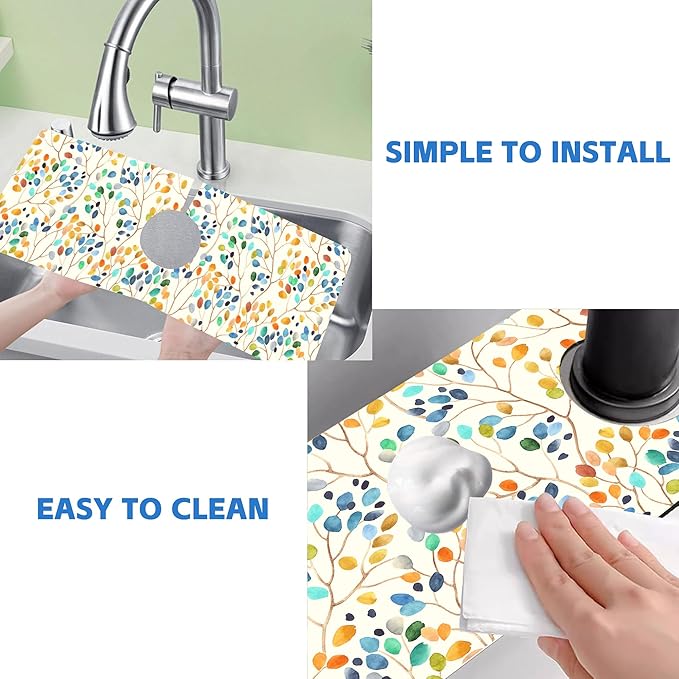 Abstract Watercolor Leaves Sink Faucet Absorbing Mat Sink Splash Guard Faucet - Image 5