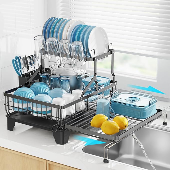 GSlife Large Dish Drying Rack 2 Tier, Expandable Kitchen Dish Drainer by GSlife