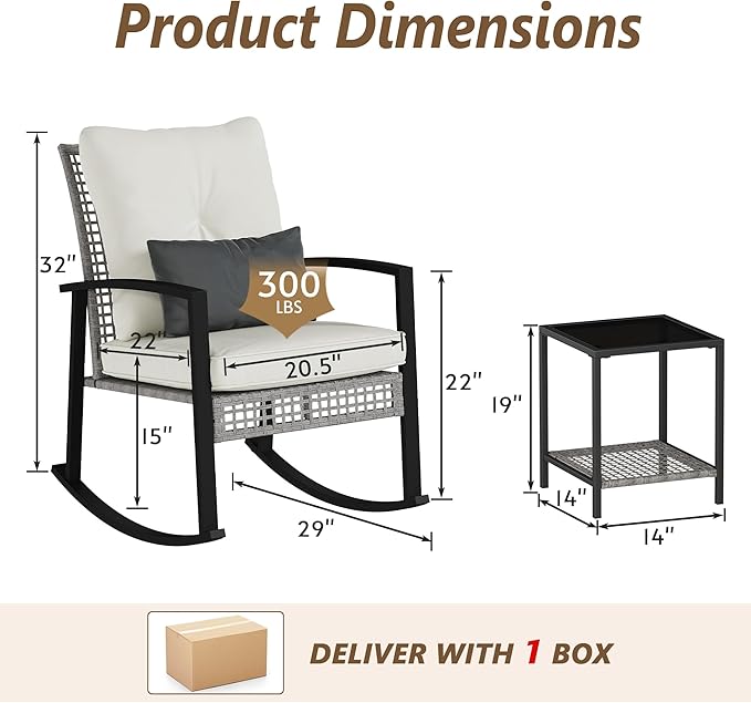 3 Piece Patio Rocking Chairs Set of 2, Outdoor Rocking Chair Bistro Set with Tempered Glass Coffee Table and Thick Lumbar Pillow Set, Front Porch Chairs for Garden, Backyard (Gray Rattan) - Image 2
