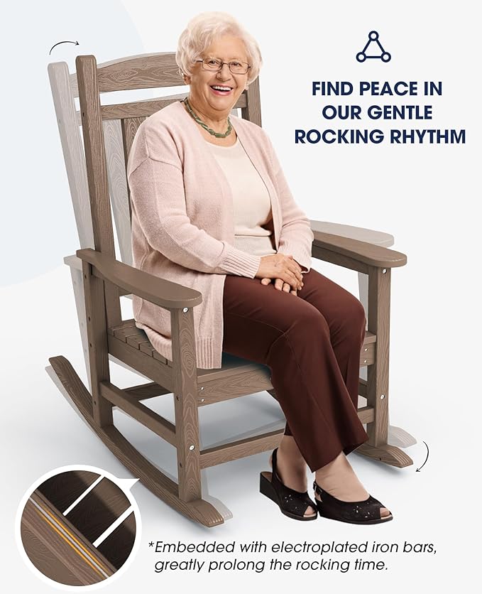KINGYES HDPE Rocking Chairs Outdoor, Patio Rocking Chairs with 330lbs Support, Smooth Porch Rocker for Deck Lawn Yard, Brown - Image 5