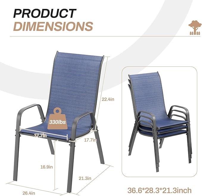TLSUNNY Patio Chairs, Stackable Textilene Outdoor Dining Furniture for All Weather, with 17.7″ Wide Seat & Metal Frame, for Garden, Backyard, Deck, Restaurant, Poolside (6, Navy Blue, 26.4″) - Image 3