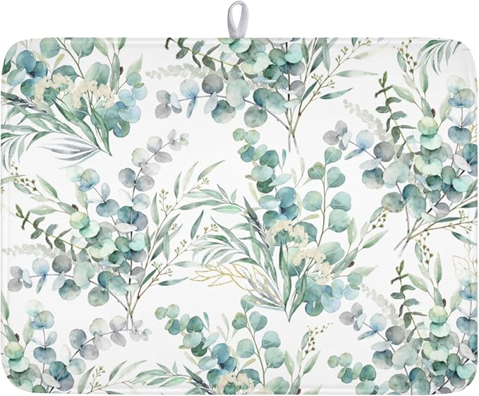 Spring Sage Green Leaves Dish Drying Mat by Kawani