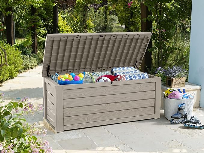 Keter Westwood 150 Gallon Resin Large Outdoor Storage Box for Patio Furniture, Outdoor Cushions, Garden Tools and Pool Floats, Beige - Image 3