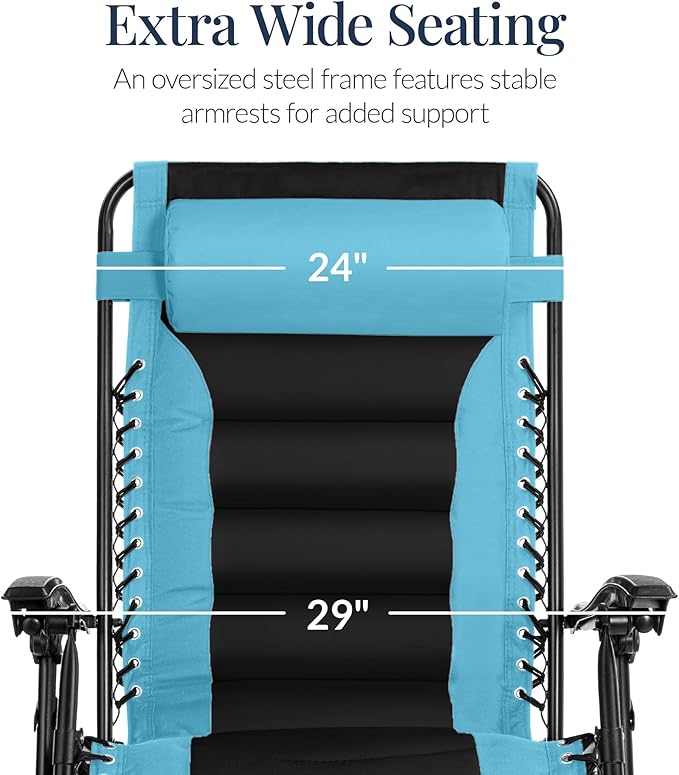 Best Choice Products Oversized Padded Zero Gravity Chair, Folding Outdoor Patio Recliner, XL Anti Gravity Lounger for Backyard w/Headrest, Cup Holder, Side Tray, Polyester Mesh - Light Blue/Black - Image 4