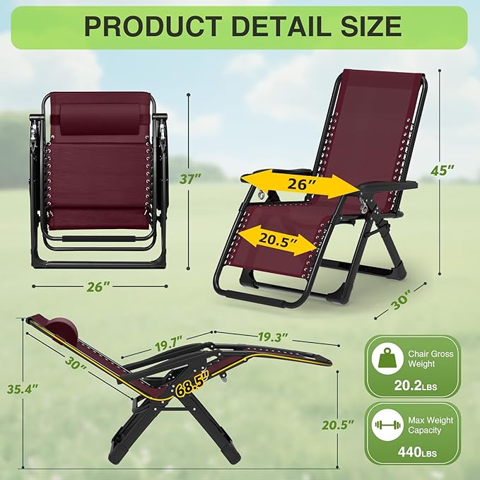 Suteck Zero Gravity Chair, Reclining Camping Lounge Chair w/Removable Cushion, Upgraded Lock and Cup Holder, Reclining Patio Chairs Folding Recliner for Indoor and Outdoor, Claret - Image 2