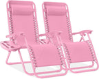 Best Choice Products Set of 2 Adjustable Steel Mesh Zero Gravity Lounge Chair Recliners w/Pillows and Cup Holder Trays - Carnation by BestChoiceProducts