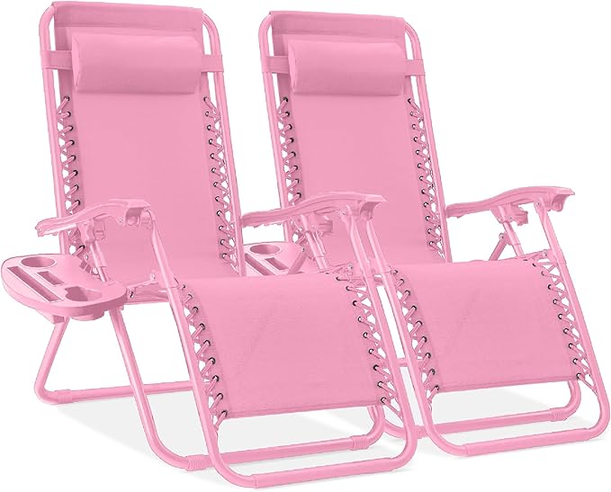 Best Choice Products Set of 2 Adjustable Steel Mesh Zero Gravity Lounge Chair Recliners w/Pillows and Cup Holder Trays - Carnation by BestChoiceProducts