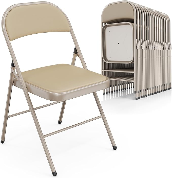 VINGLI 20 Pack Folding Chairs with Padded Seats, Metal Frame with Pu Leather Seat & Back, Capacity 350 lbs, Set of 20, Khaki by VINGLI