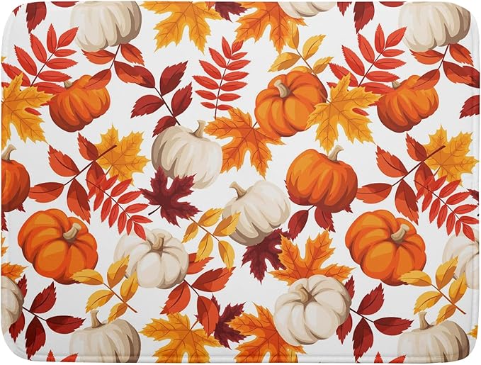 Fall Dish Drying Mat for Kitchen Counter Watercolor Pumpkins Autumn Leaves by Unknown
