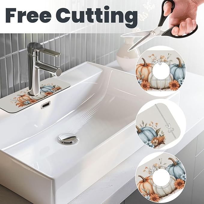 Kitchen Sink Splash Guard Faucet Mat Autumn Pumpkin Floral 15"x5.5", Diatom Mat - Image 3