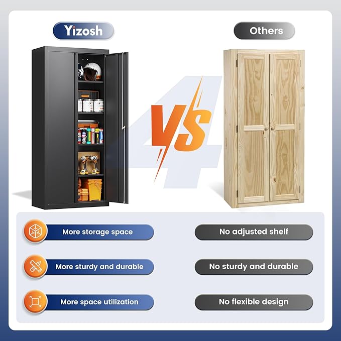 Yizosh Metal Garage Storage Cabinet with 2 Doors and 4 Adjustable Shelves - 71" Steel Lockable File Cabinet,Locking Tool Cabinets for Office,Home,Garage,School,Gym - Image 6