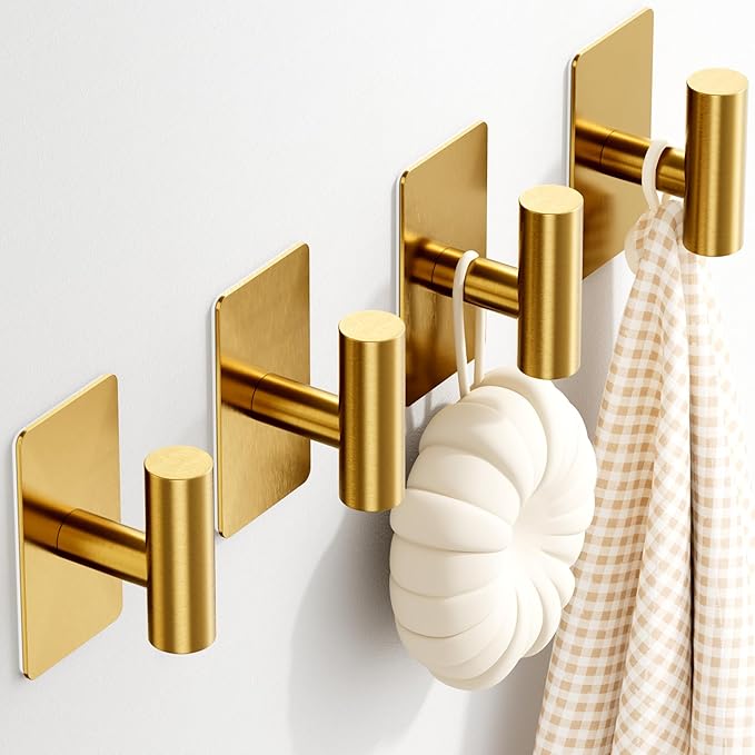 Towel Hooks for Bathrooms – 4 Pack, Brushed Gold Finish, T-Shaped Stainless by GWAAZXGZ
