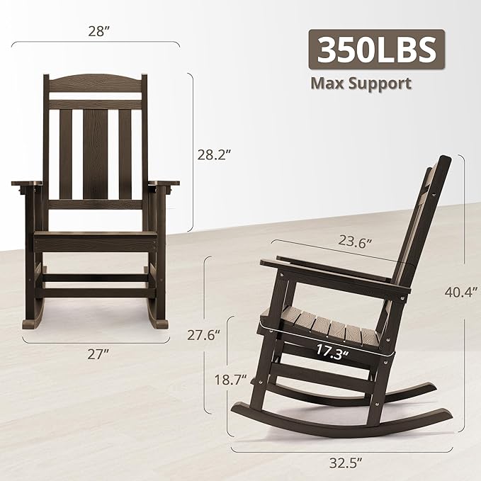 LUE BONA Outdoor Rocking Chairs Set, 3-Piece, Poly Porch Rockers with Table, Plastic Weather Resistant Rocking Chair Set for Outdoor Indoor, Garden, Backyard, 350lb, Brown, Chairs+Table - Image 3