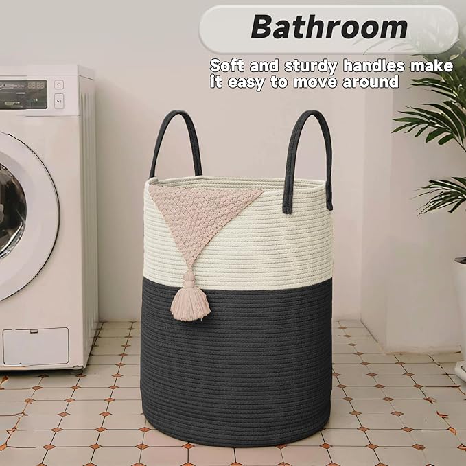 Large Woven Laundry Basket Hamper, 100L Cotton Rope Storage Bin - Image 5