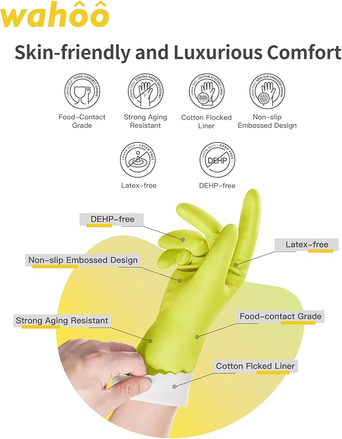 wahoo 3 Pairs Skin-Friendly Cleaning Gloves, Cotton Flocked Lined Dishwashing - Image 2