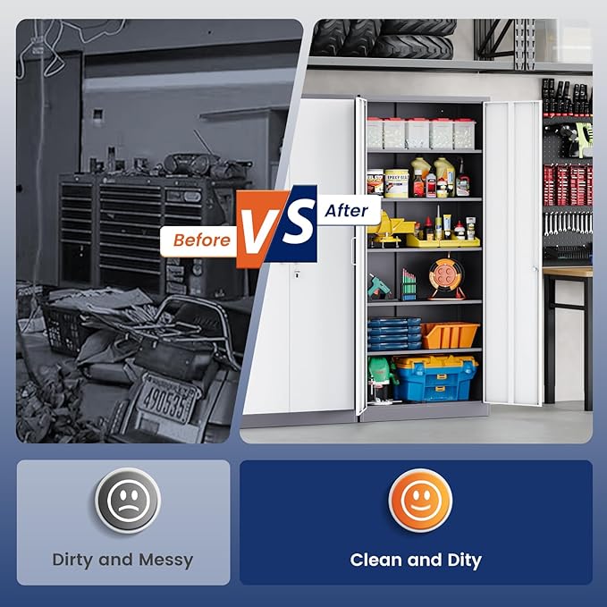 Yizosh Metal Garage Storage Cabinet with 2 Doors and 5 Adjustable Shelves - 71" Steel Lockable File Cabinet,Locking Tool Cabinets for Office,Home,Garage,Gym,School (Gray White) - Image 9