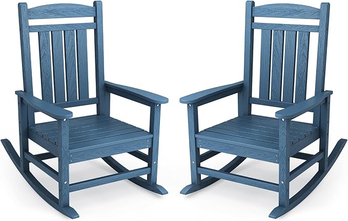 KINGYES Oversized Patio Rocking Chair Set of 2, High Density Polyethylene Outdoor Rocking Chairs with 330lbs Support for Adults, Navy by KINGYES