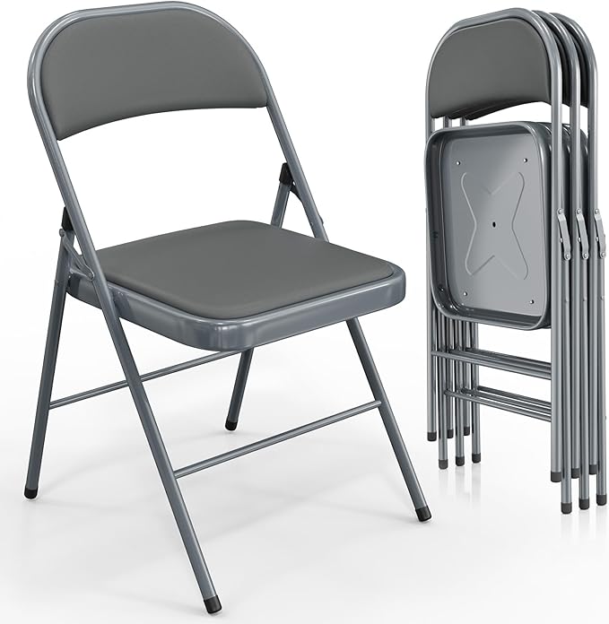 VINGLI 4 Pack Folding Chairs with Padded Seats, Metal Frame with Pu Leather Seat & Back, Capacity 350 lbs, Gray by VINGLI