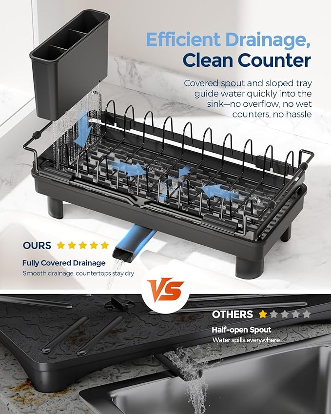 Nacial 2-in-1 Small Dish Drying Rack Fits 14''–21.8'' Sink, Dish Drainers - Image 5