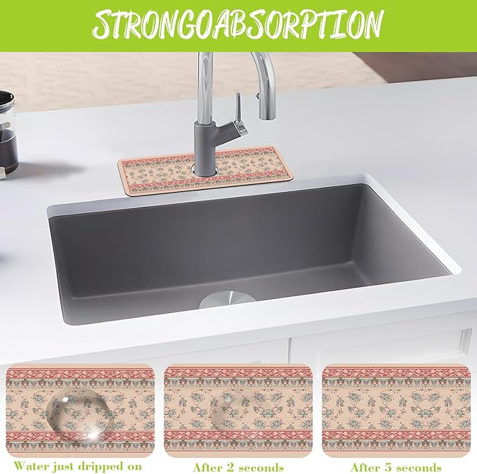 Sink Splash Guard Faucet Mat Retro Boho Flowers Absorbent Fast Drying Mat Sink - Image 5