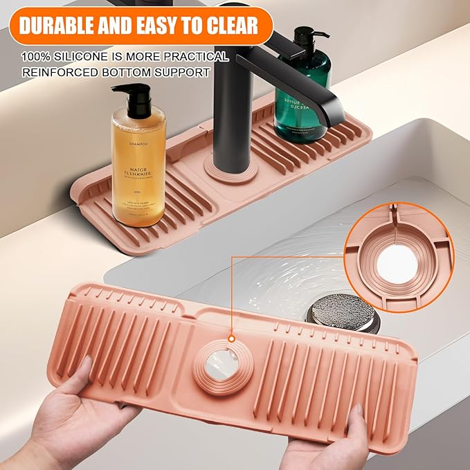 14.5" Pink Silicone Faucet Mat for Kitchen Sink – Button Style Faucet Drip - Image 5