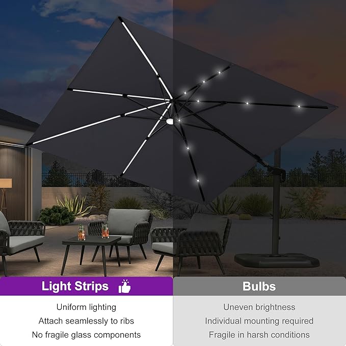 PURPLE LEAF 10 Feet Patio Umbrella with Base Outdoor Cantilever Solar Powered LED Swivel Square Umbrella Aluminum Offset Umbrella with 360-degree Rotation for Garden Deck Pool Patio Light Grey - Image 2