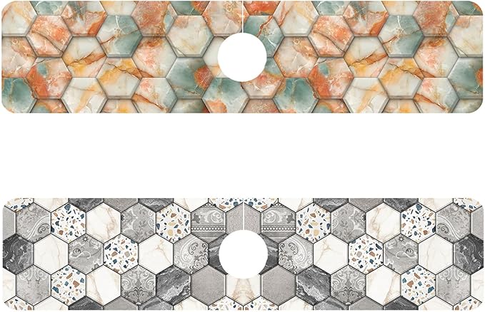 2 Pack Hexagon Marble Sink Splash Guard Faucet Mat Gold Glitter Lines Marble by Unknown