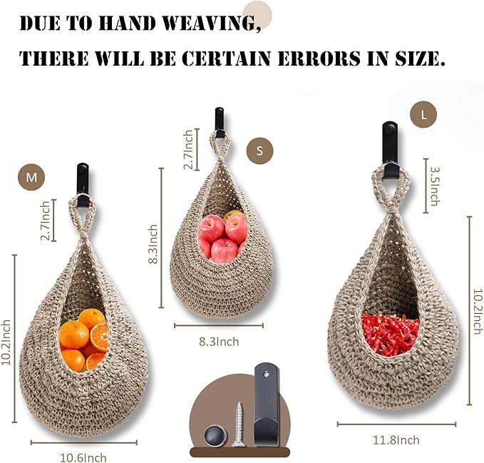 Hanging Fruit Basket Set of 3, Boho Wall Hanging Storage Basket - Image 2