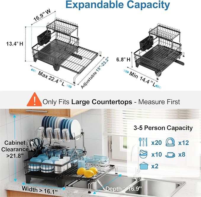 GSlife Large Dish Drying Rack 2 Tier, Expandable Kitchen Dish Drainer - Image 2