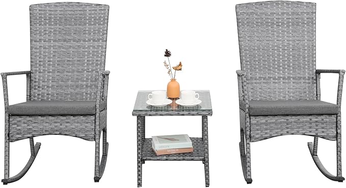 Outdoor Rocking Chair 3 Pieces High-Backed Rocking Chair Patio Rocking Chairs Outdoor Table and Chairs Anti-Slip Cushions Dark Grey - Image 7