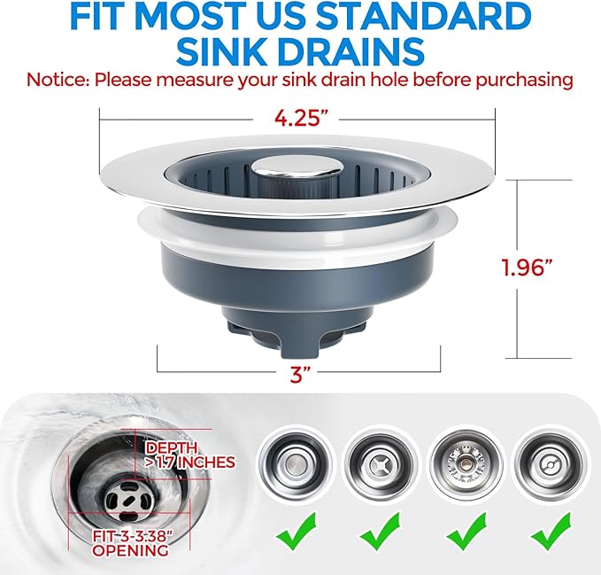 zaa 2 Pack Sink Drain Strainer, Sink Stopper, 3 in 1 Stainless Steel Kitchen - Image 7