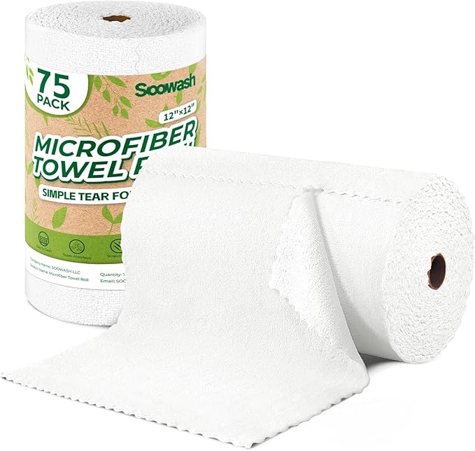 Microfiber Cleaning Cloths Roll, 75 Pack Tear Away Microfiber Towels Roll by SOOWASH