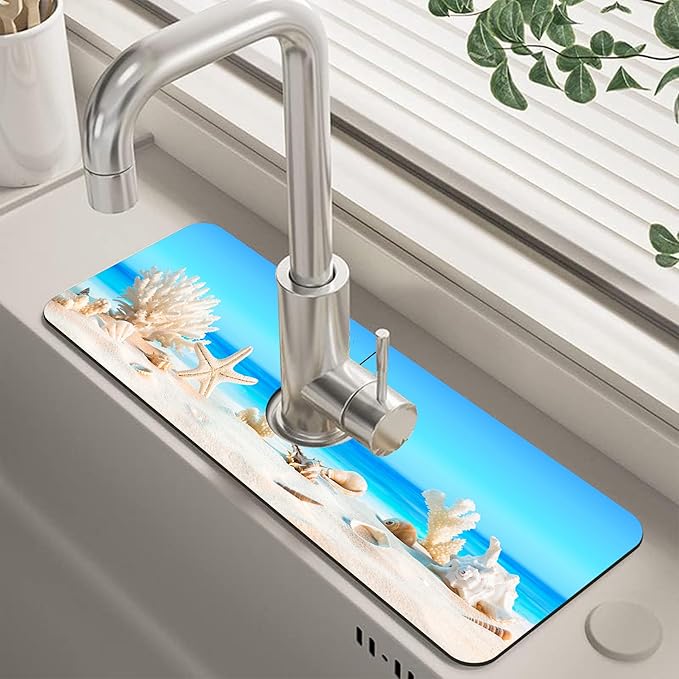 Tropical Beach Seashells Kitchen Sink Splash Guard Absorbent Fast Drying Mat by Unknown