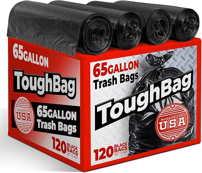 ToughBag 65 Gallon Trash Bags – 50x48" Large Black Garbage Can Liners – Made in by ToughBag