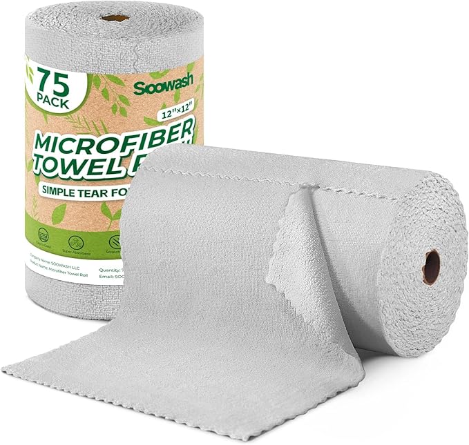Microfiber Cleaning Cloths Roll, 75 Pack Tear Away Microfiber Towels Roll by SOOWASH