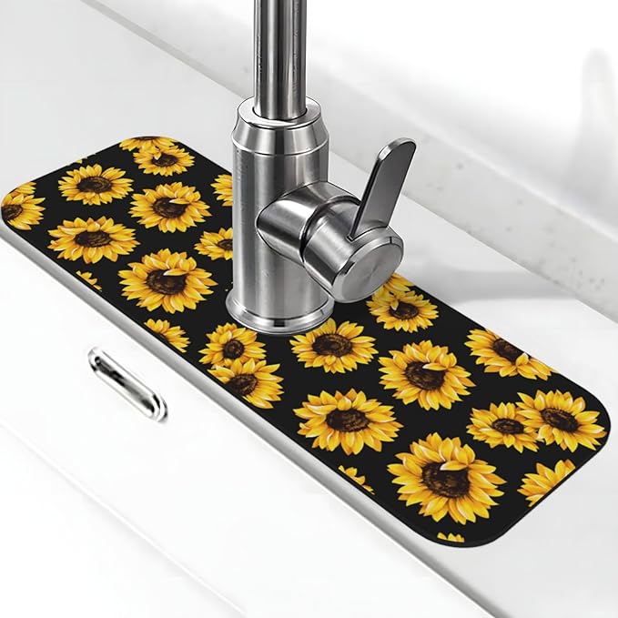 Sunflowers Black Vintage Paingting Kitchen Sink Splash Guard Faucet Mat 1 Pcs by WILL+BUDXEG